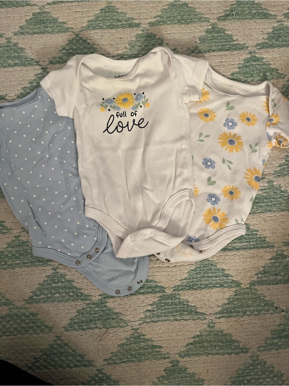 Baby Floral & Polka Dot One-Piece Bodysuit Set - White, Light Blue, Yellow -